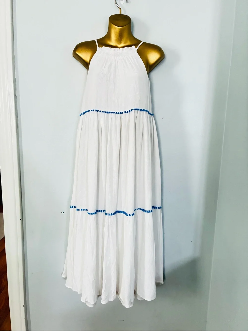 Rachel Roy White & Blue Tiered Maxi Dress Size 12 Boho Resort Vacation - Picture 2 of 6